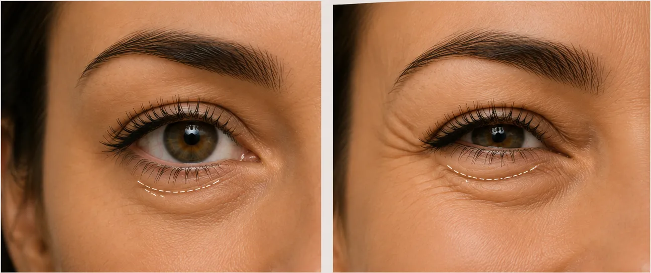 Området under øjnene med markerede behandlingspunkter